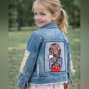 ✨ Girls Distressed Denim Jacket | Size 6 | Sequin Fringe & Graphic Back